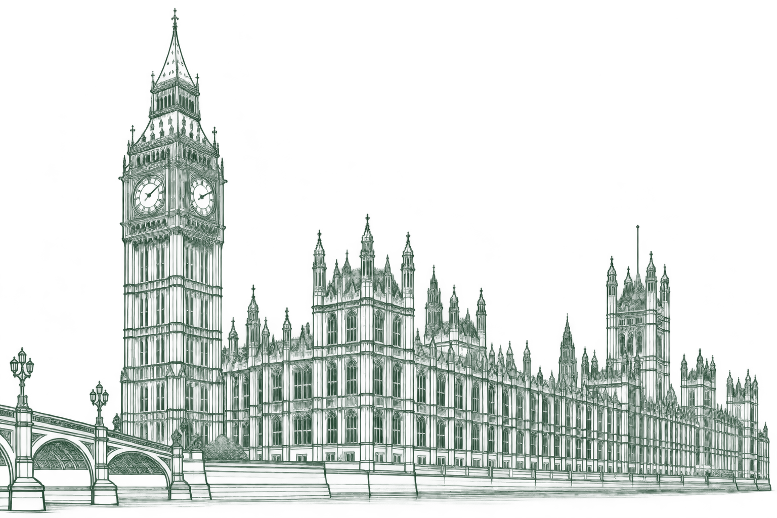 Architectural line drawing of Elizabeth Tower and the Palace of Westminster, viewed from the river