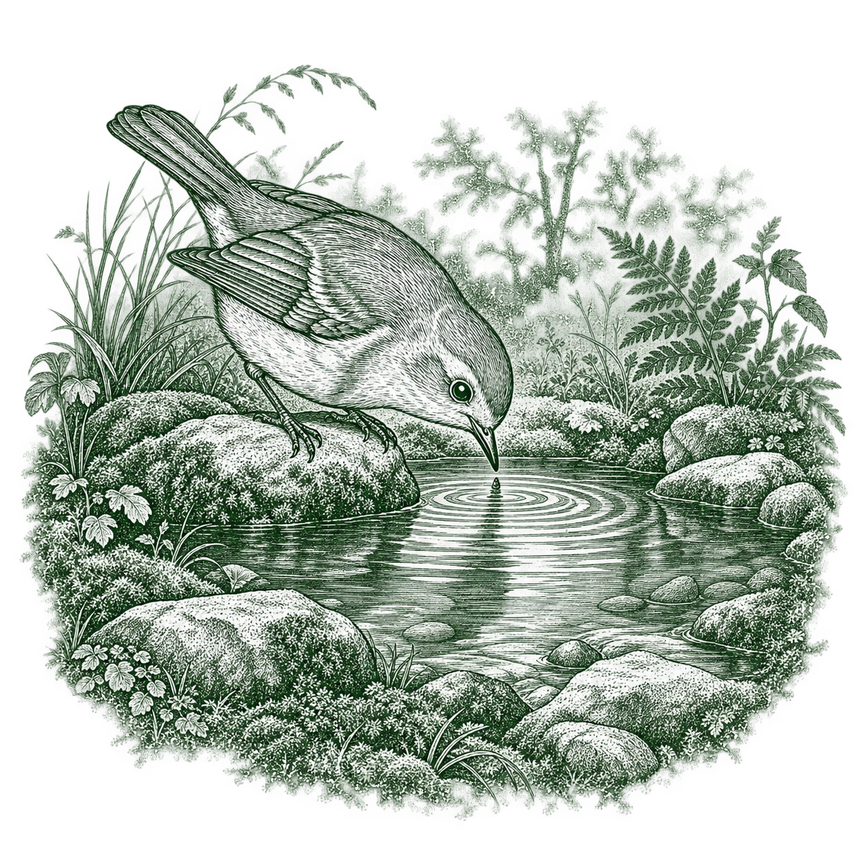Fine line drawing of a robin about to drink from a natural pool surrounded by stones, moss, grasses and ferns